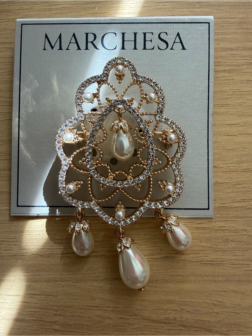Marchesa Gold-Tone Pearl and Crystal Drop Brooch